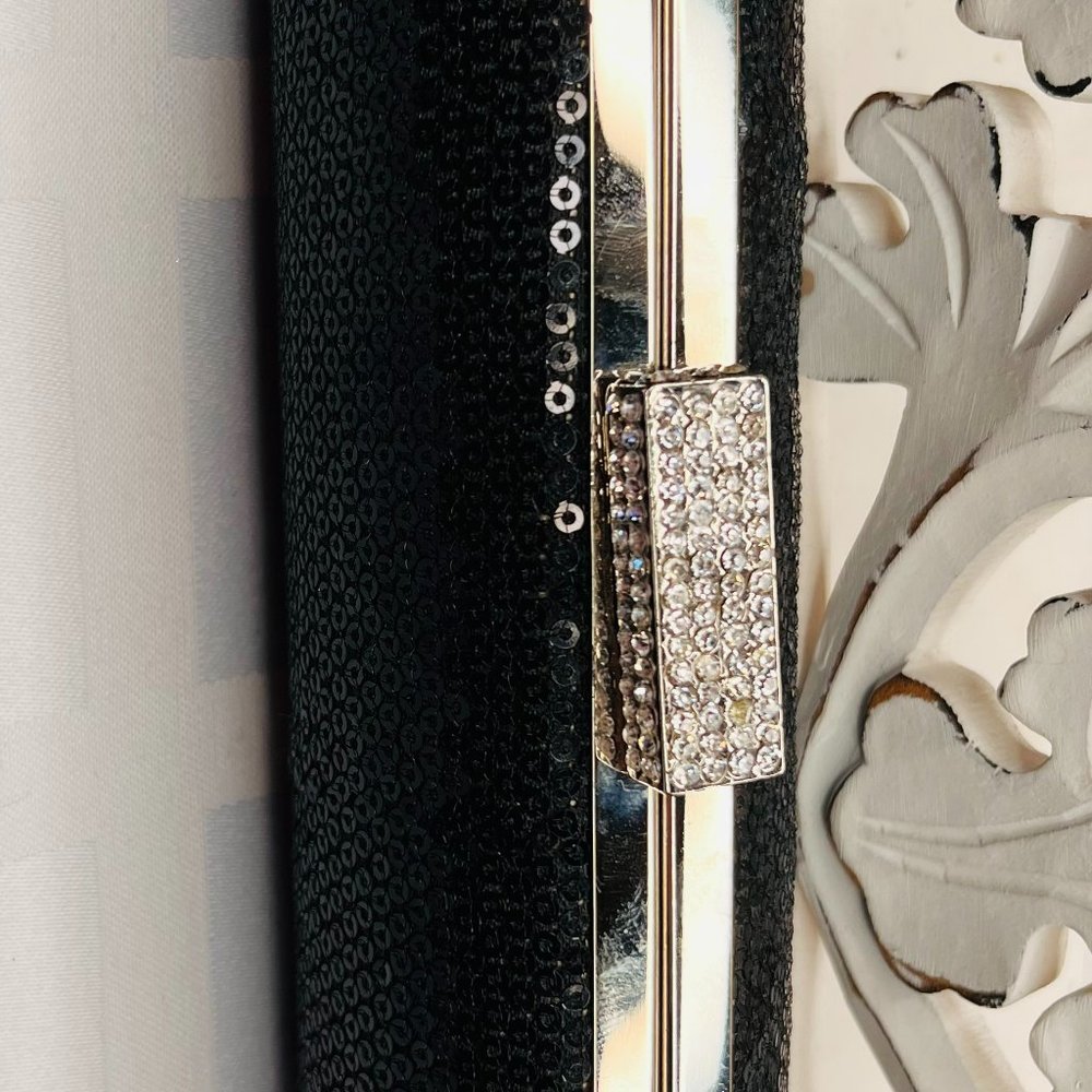 Vintage Black Sequin Cylindrical Clutch, Silver Chain, Elegant, 2000s - Picture 2 of 10
